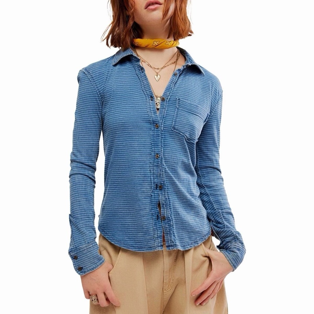 FREE PEOPLE Blue Stripe Jersey Long Sleeve Shirt Indigo Combo Sz S